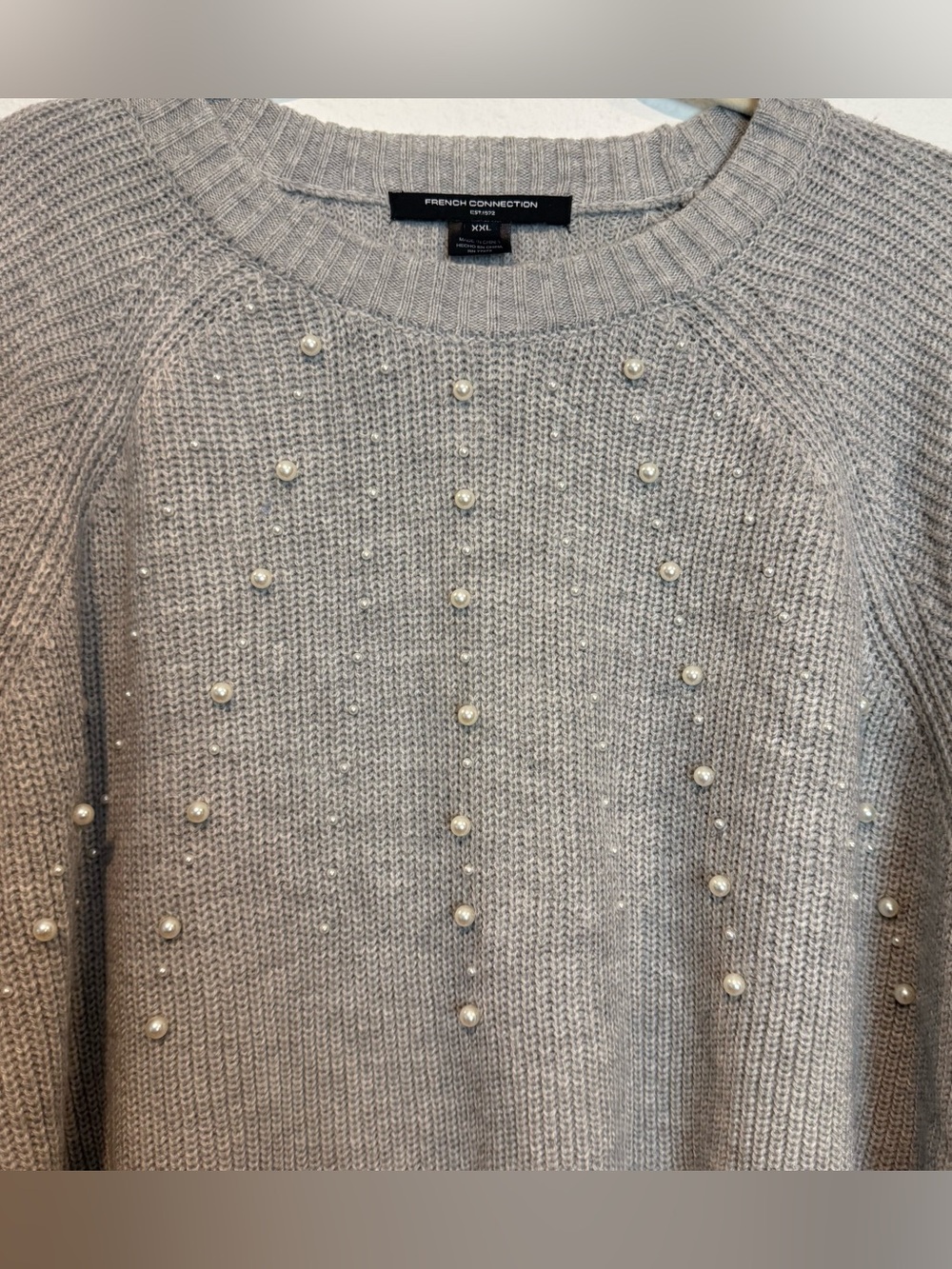 FRENCH CONNECTION XXL Light Gray Heather Pearl Front Pullover Knit Sweater Top